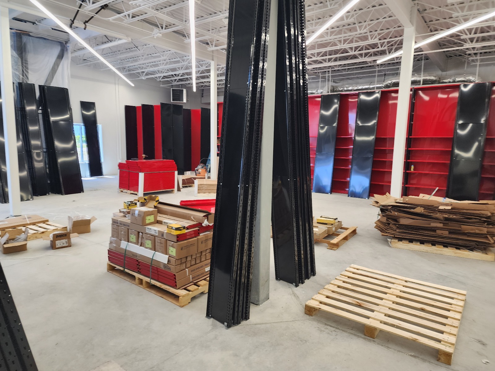 Shelving materials staged for installation