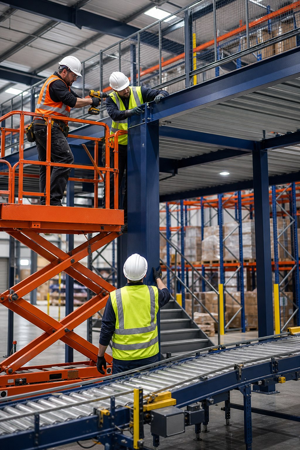 Professional mezzanine and conveyor installation crew