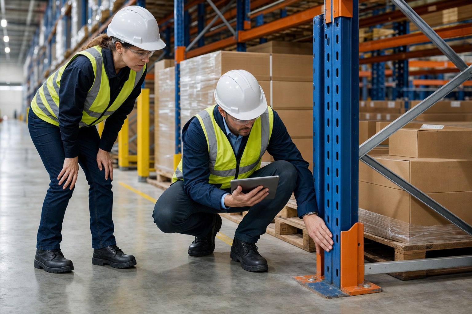 Warehouse professionals performing a pallet rack safety inspection