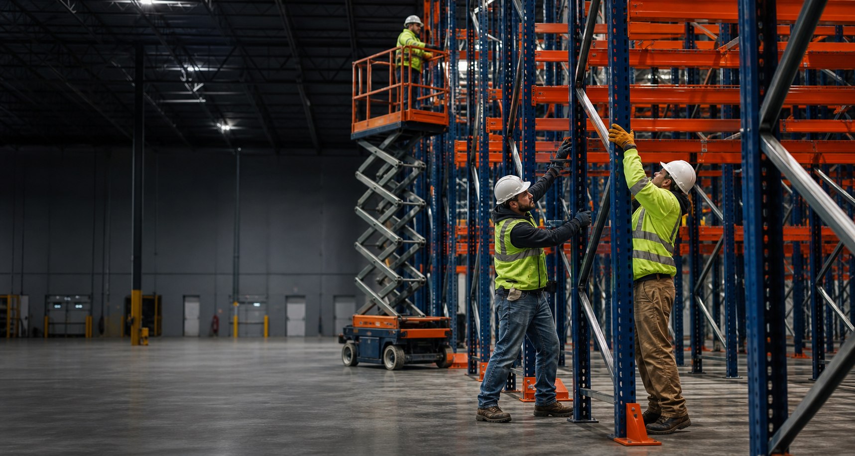 Jorgenson installers assembling industrial pallet racking